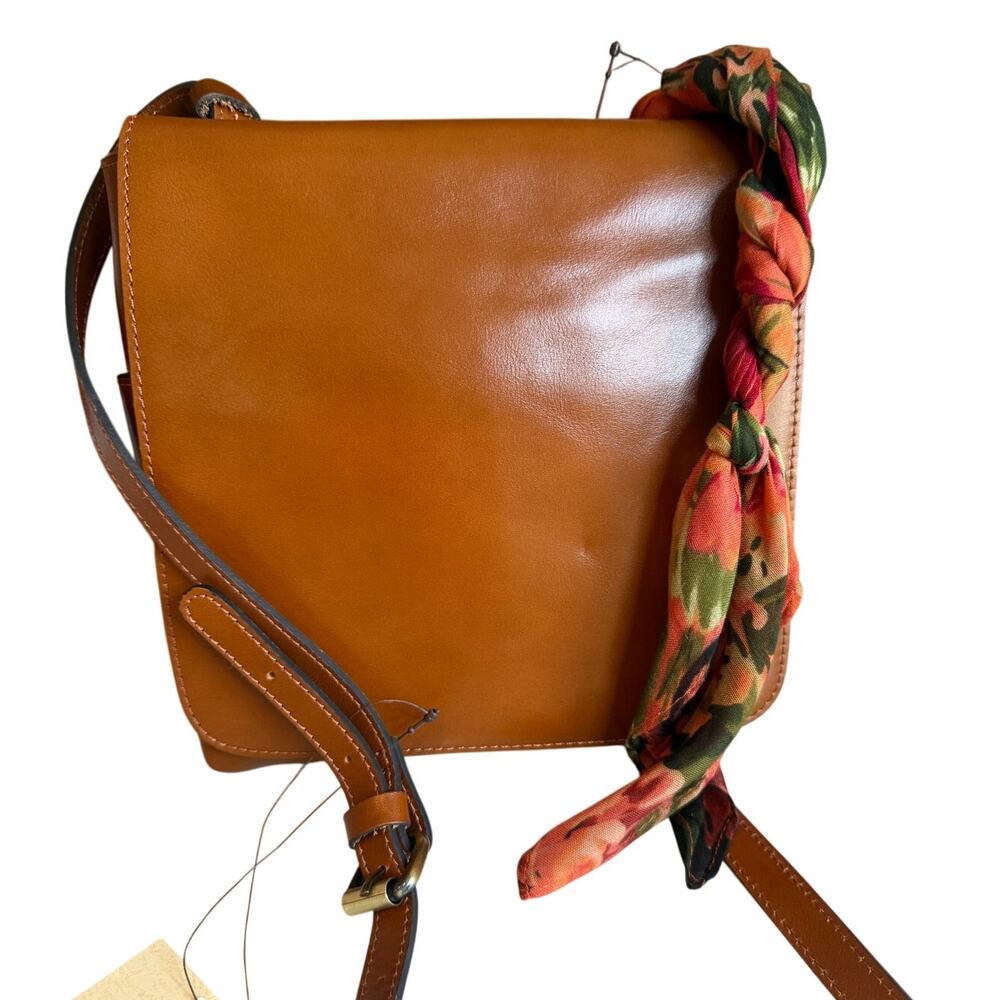 Patricia Nash Granada Crossbody Messenger Bag Tan Cognac Scarf Accent